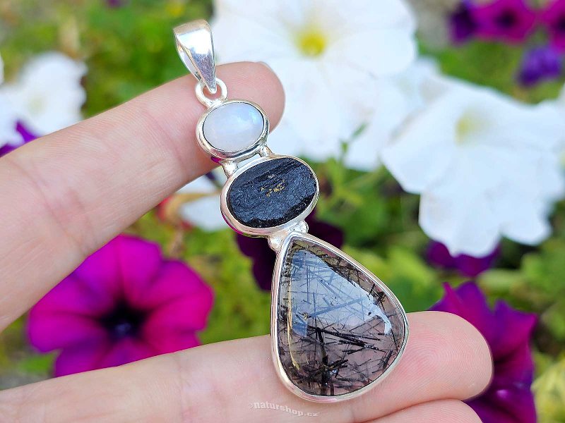 Moonstone + tourmaline in crystal + tourmaline pendant Ag 925/1000 16.0g