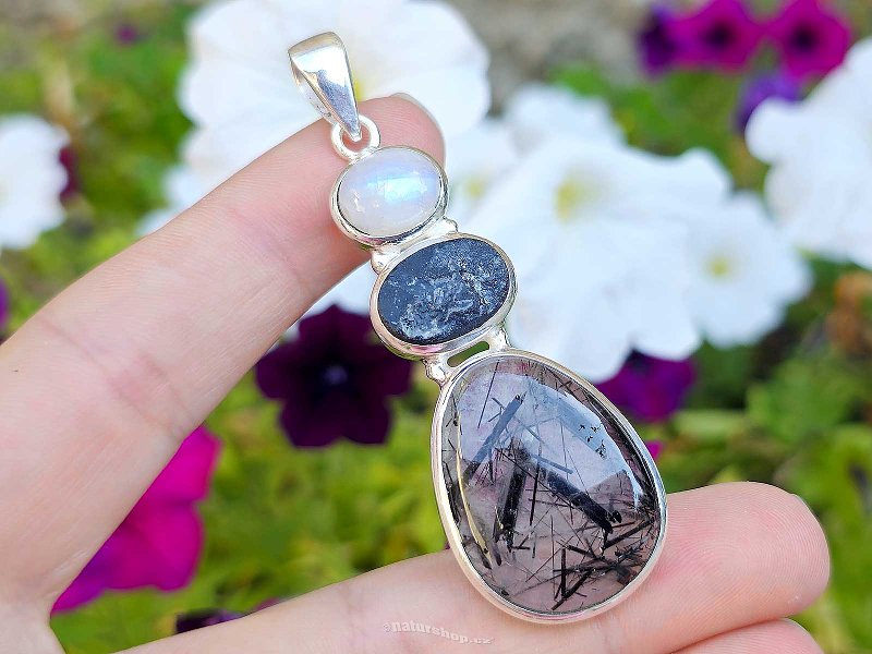 Moonstone + tourmaline scoryl + tourmaline in crystal pendant Ag 925/1000 (16.0g)