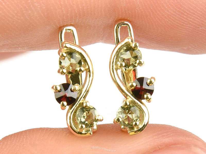 Vltavín and garnet earrings gold Au 585/1000 14K 2.96g