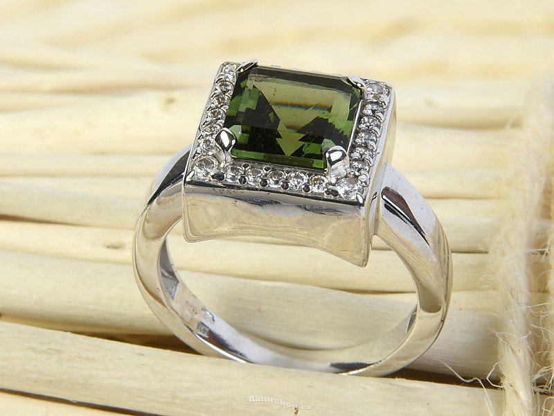 Moldavite ring with cubic zirconia 8x8mm Ag 925/1000 size 58