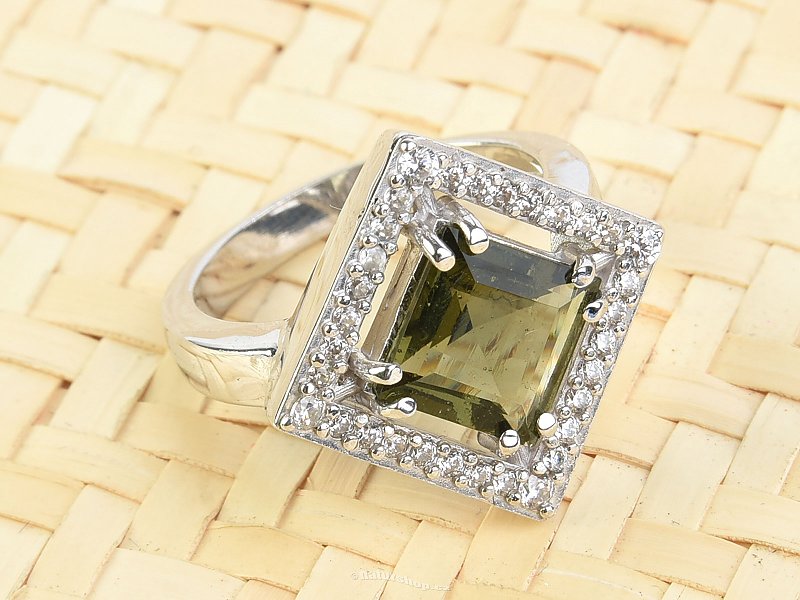 Moldavite ring with cubic zirconia 8x8mm Ag 925/1000 size 58, 5