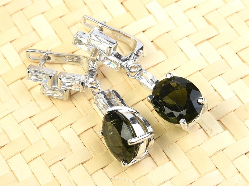 Moldavite long earrings oval 9x11mm Ag Rh zircons