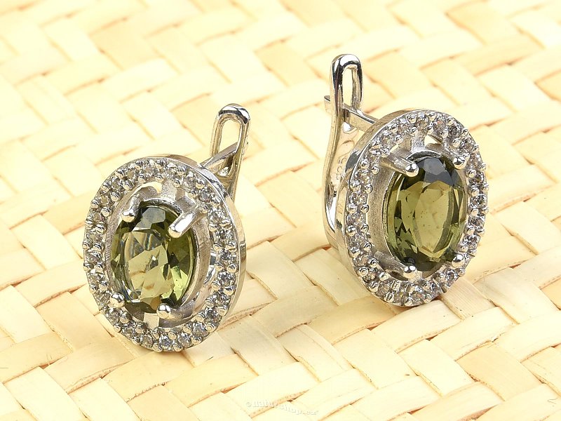 Moldavite earrings 6x8mm oval Ag Rh + zircons