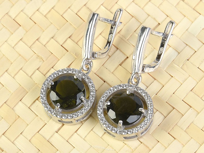 Moldavite earrings with cubic zirconia round 9 mm Ag 925/1000 Rh +
