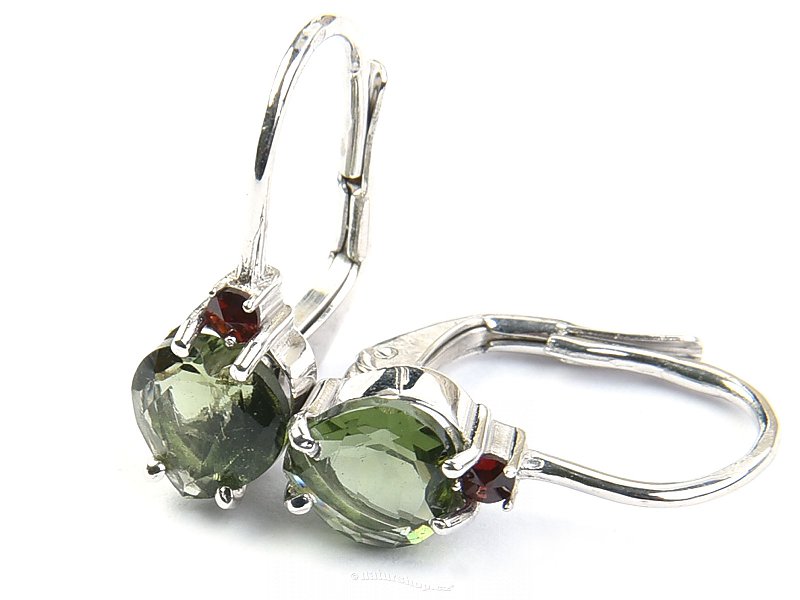 Moldavite earrings heart and garnet Ag 925/1000 Rh + 6x6mm