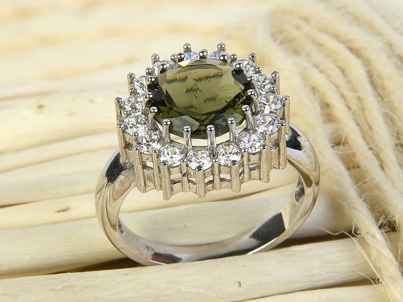 Vltavín prsten se zirkony standard brus Ag 925/1000 + Rh 10mm