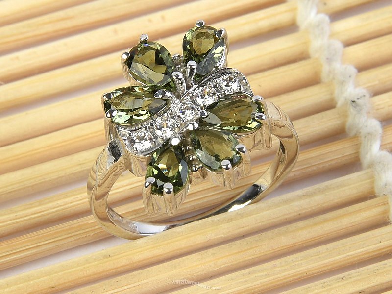 Moldavites ring with a cubic zirconia flower 925/1000 Ag + Rh