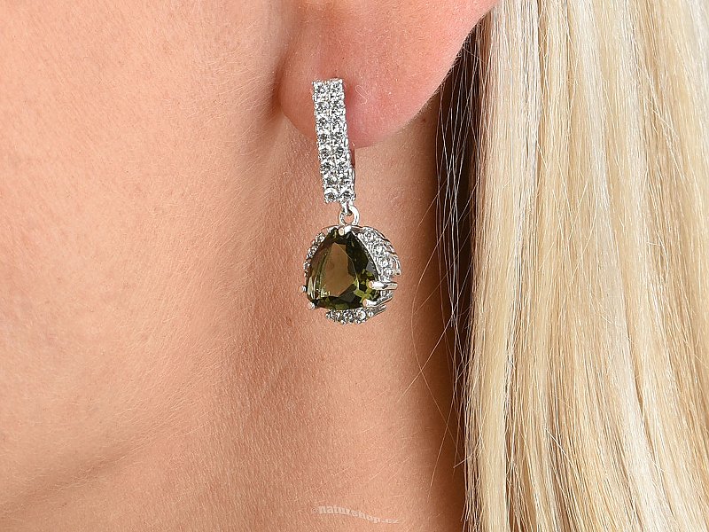 Moldavite with cubic zirconia earrings 10x10mm 925/1000 Ag + Rh