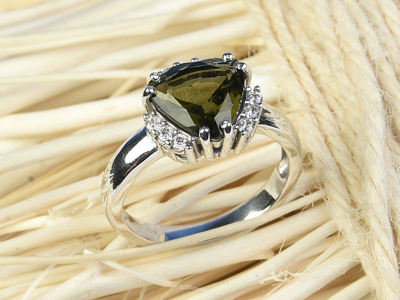 Moldavite and cubic zirconia ring 10x10mm Triangle Ag 925/1000 Rh +