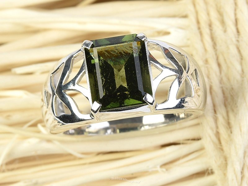 Vltavín prsten obdélník 12 x 10mm stříbro Ag 925/1000 + Rh