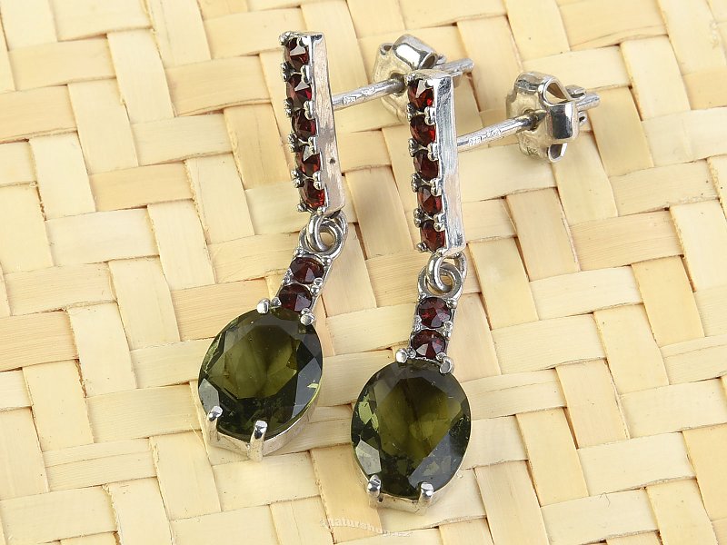 Moldavite silver earrings with garnets oval cut 9x7mm 925/1000 Ag + Rh