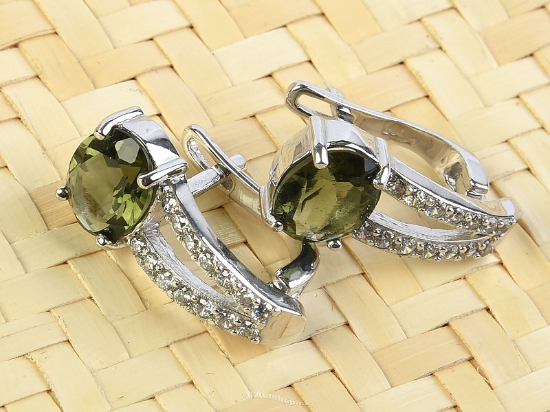 Luxury earrings with cubic zirconia and moldavite 925/1000 Ag + Rh