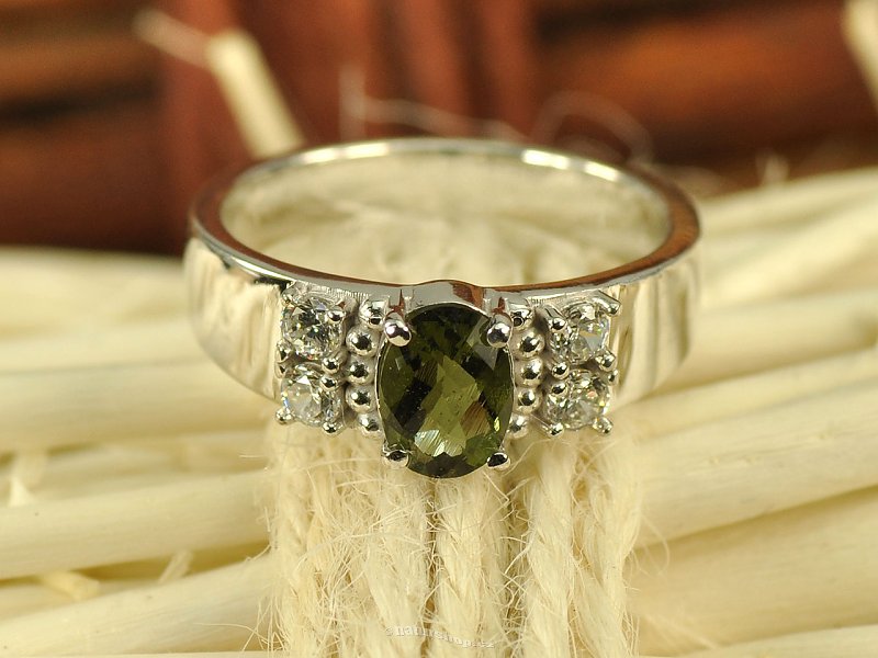 Moldavite oval ring with cubic zirconia checker top cut 925/1000 Ag + Rh