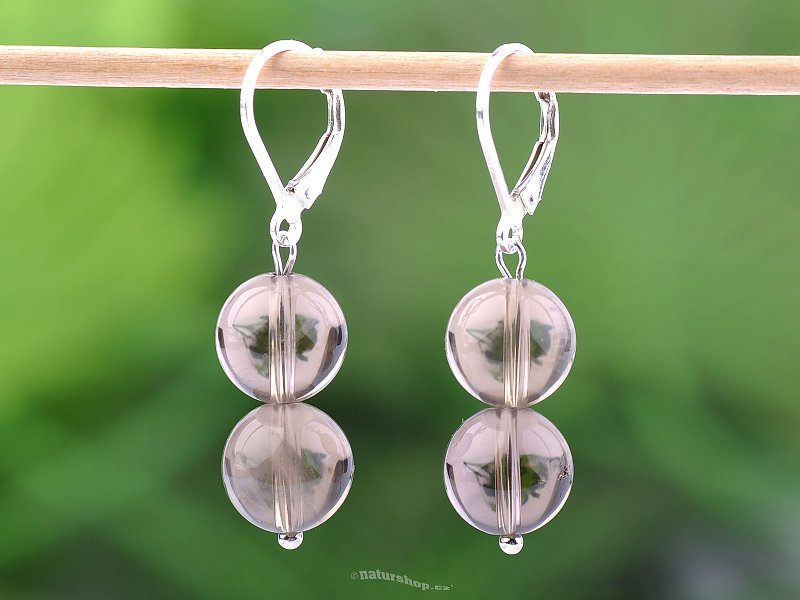 Smoky quartz beads earrings 10 mm hooks Ag