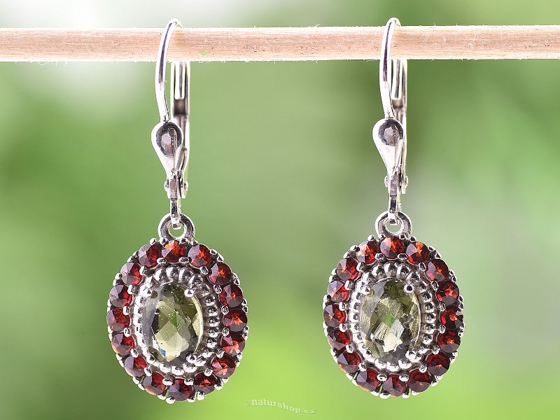 Moldavite oval earrings with garnets 925/1000 Ag + Rh