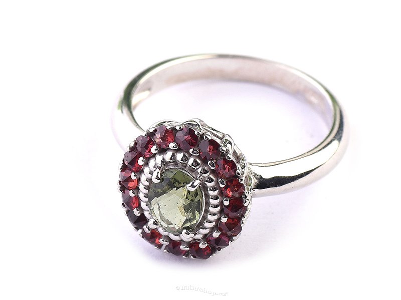 Moldavite oval ring with a garnet standard cut 925/1000 Ag + Rh