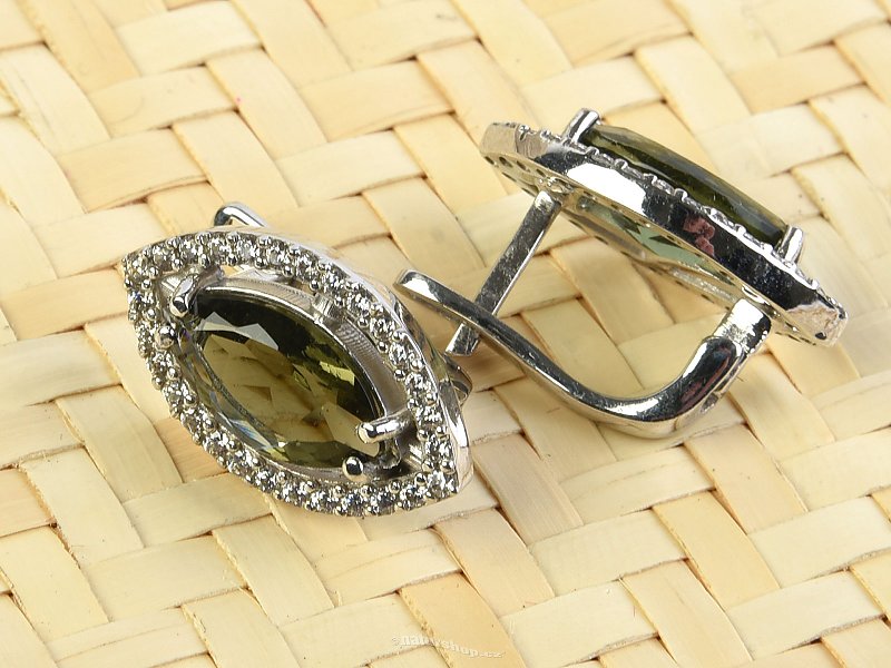 Moldavite teardrop earrings with cubic zirconia 925/1000 Ag + Rh