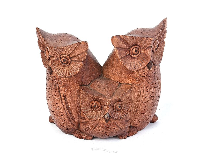 Owls 3 abreast brown wood 10cm