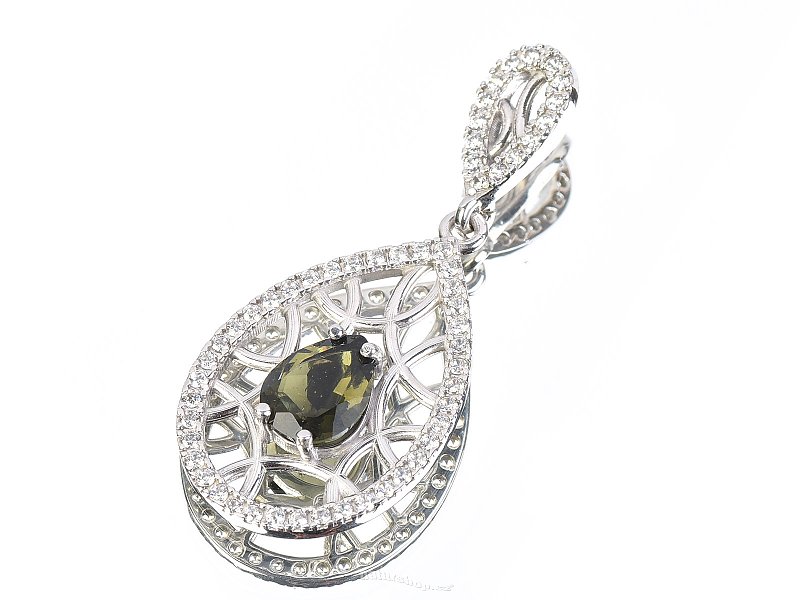 Moldavite drop pendant with zircons standard cut 925/1000 Ag + Rh