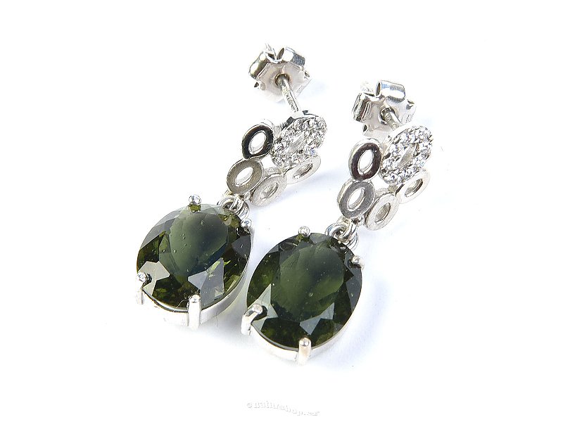 Moldavite and zirconia earrings oval 11 x 9 mm standard cut Ag 925/1000