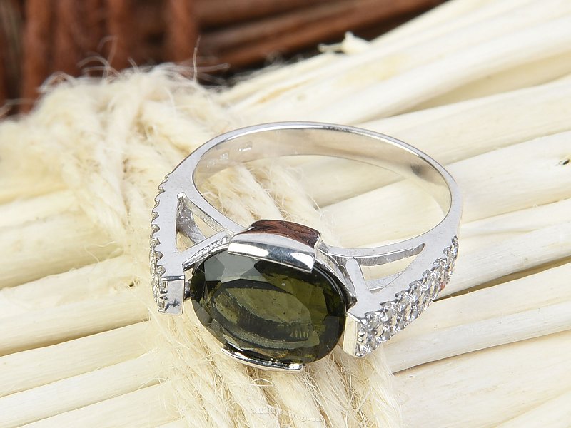 Moldavite ring with cubic zirconia oval 11 x 8 mm standard cut 925/1000 Ag + Rh