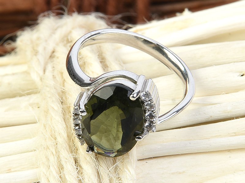 Moldavite ring and zircon oval 13 x 9 mm standard cut 925/1000 Ag + Rh