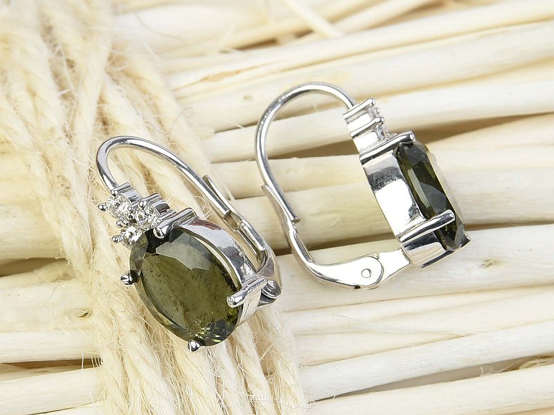 Moldavite oval earrings with zircons 10 x 8mm Ag 925/1000 Rh