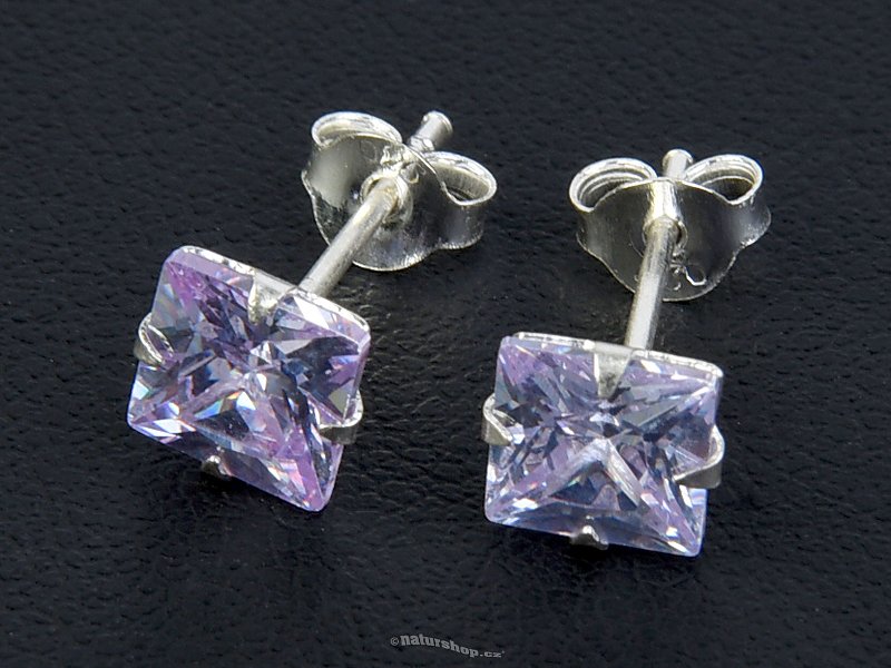 Earrings with zircons lilac 6 mm square Ag 925/1000