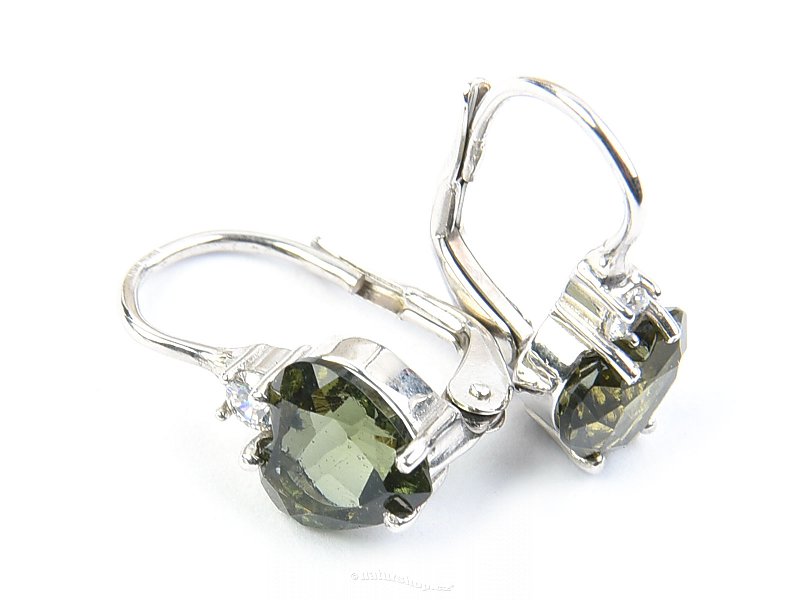 Moldavite and zircon heart earrings 7 x 7 mm 925/1000 Ag + Rh