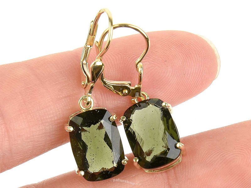 Gold earrings with moldavites standard rectangle cut 4,25 g Au 585/1000 14K