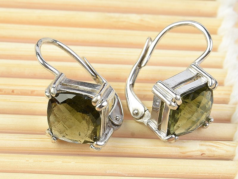 Moldavite earrings 8 x 8mm checker top Ag 925/1000 + Rh