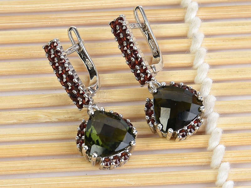 Moldavite and garnets earrings luxury checker top Ag 925/1000 + Rh