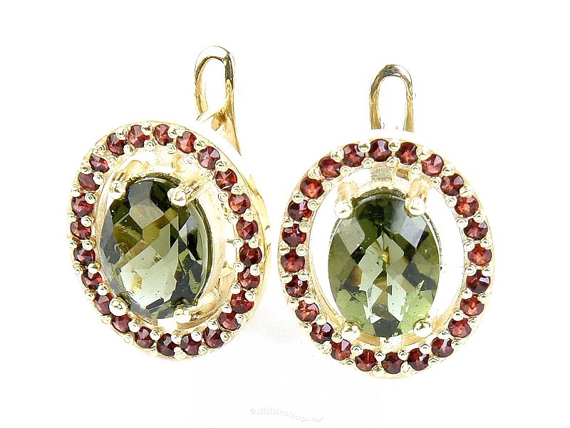 Moldavite and garnets earrings gold oval checker top Au 585/1000 5.76g