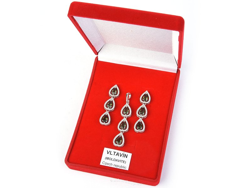 Luxury set of jewelery with moldavite and zircons Ag 925/1000 + Rh 9.89 + 2.23g