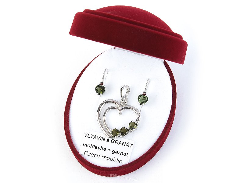 Vltavín a granáty dárková sada šperků srdce Ag 925/1000 + Rh