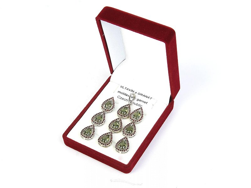 Luxury gift set of jewelry with moldavite and garnet drops Ag 925/1000 + Rh 9.65 + 4.61g