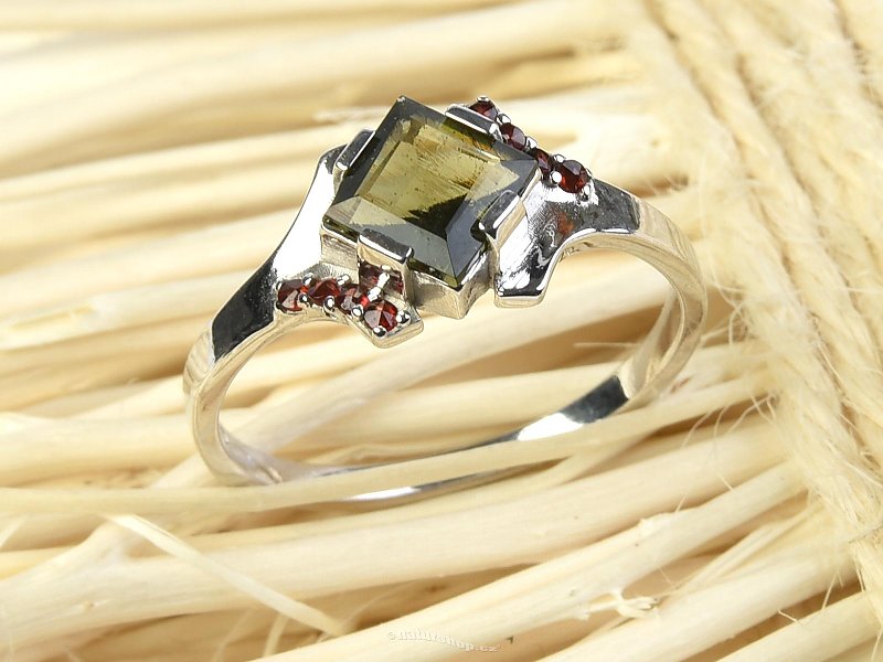 Moldavite ring with garnets diamond 6 x 6mm brush Ag 925/1000 + Rh