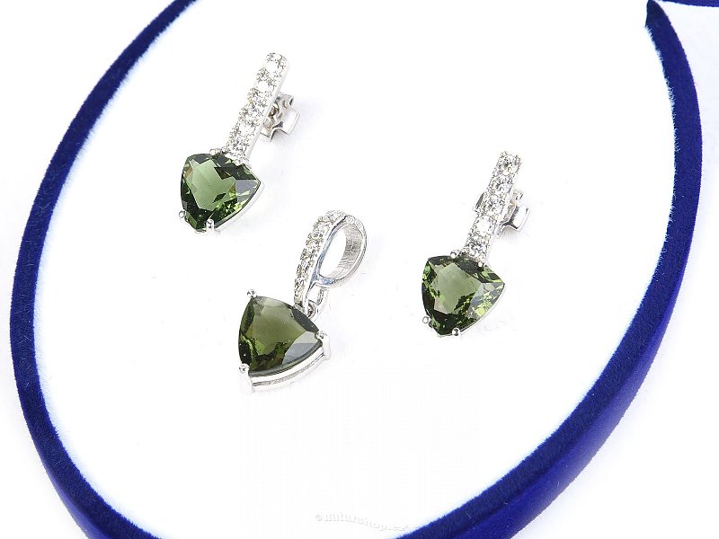 Jewelry gift set of moldavite and zirconia trigon standard cut Ag Ag 925/1000 + Rh