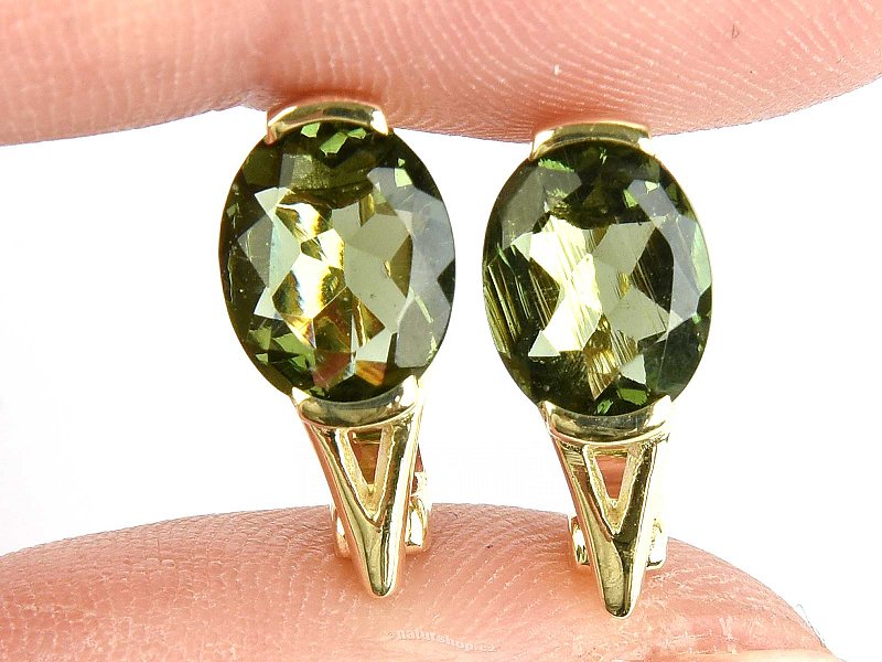 Moldavite earrings oval 10 x 7mm  gold Au 585/1000 14K 3.73g