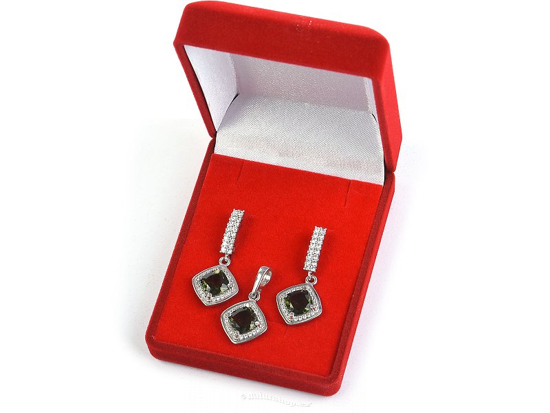 Gift set of jewelry with moldavite and zircons diamond 8 x 8mm standard cut Ag 925/1000 + Rh