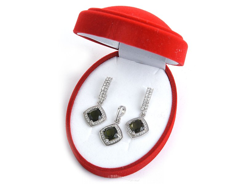 Gift set of moldavite and zircons diamond jewelery 8 x 8mm standard cut Ag 925/1000 + Rh