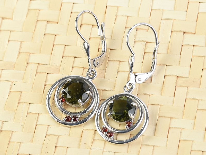 Moldavite and garnets earrings round 7mm standard cut Ag 925/1000 + Rh