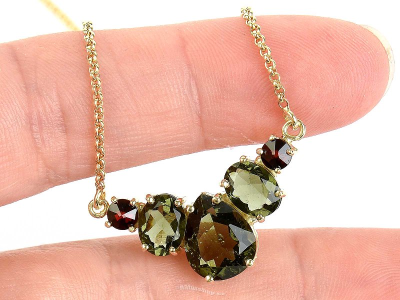 Necklace moldavite and garnets necklace 50cm standard gold Au 585/1000 14K 7.71g