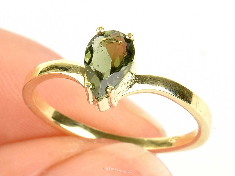 Vltavín prsten slza 8 x 5mm standard brus vel.57 14K zlato Au 585/1000 2.47g