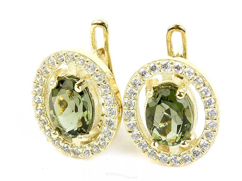 Gold moldavite earrings with zircons oval 8 x 6mm 14K 5.86g