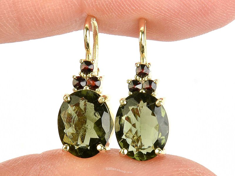 Moldavite and garnets earrings gold oval 10 x 8mm Au 585/1000 3.86g