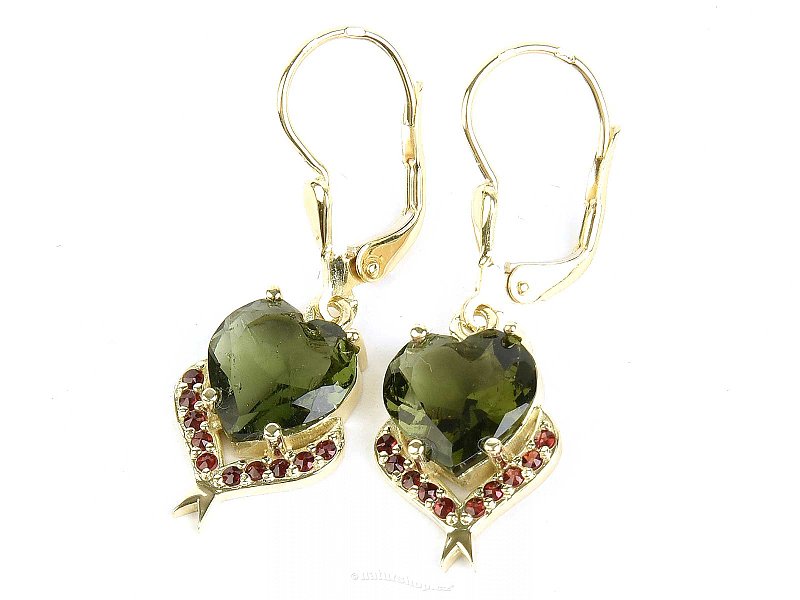 Moldavite and garnets earrings heart 9 x 9mm gold Au 585/1000 4.54g
