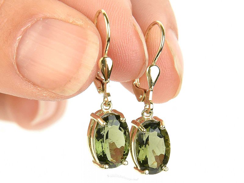 Gold earrings moldavite oval 11 x 7mm 14K Au 585/1000 3.31g