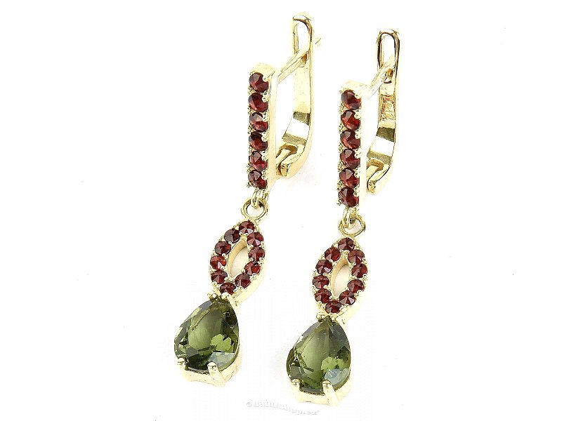 Moldavite and garnets earrings drop 8 x 6mm gold Au 585/1000 4.97g