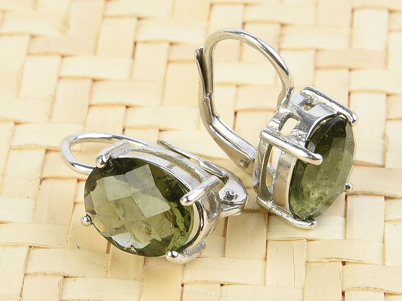 Moldavite earrings oval 10 x 8mm checker top Ag 925/1000 + Rh